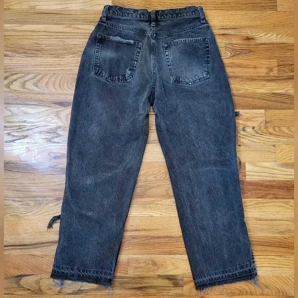 We the Free Free People Black Heavily Distressed Straight Raw Hem Mom Jeans(28) - Picture 6 of 13